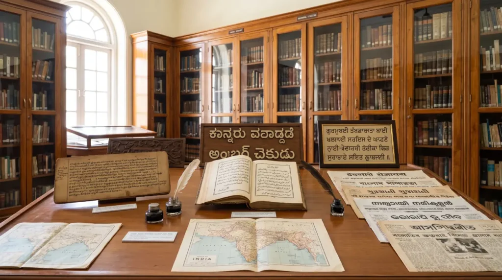 Cultures of India: Exploring the Soul of a Timeless Civilization 2 Collection of books, manuscripts, and signboards displaying major Indian languages and writing systems in a traditional heritage library.