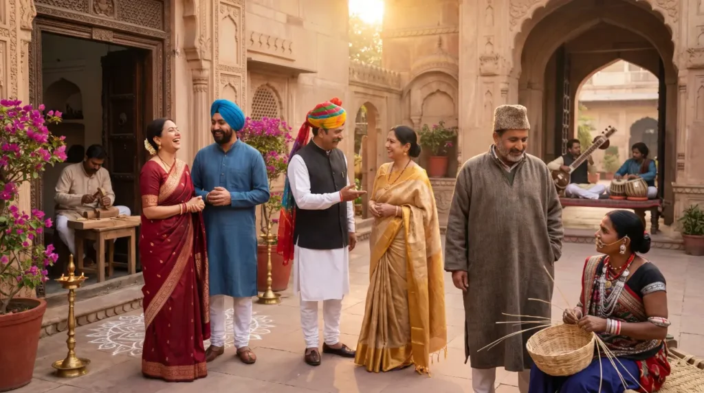 Cultures of India: Exploring the Soul of a Timeless Civilization 1 People from different regions of India wearing traditional attire gather in a historic courtyard, showcasing the country's rich cultural heritage, hospitality, music, and craftsmanship.