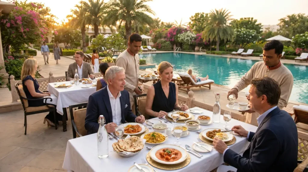 AI-generated image showing foreign tourists dining outdoors at a luxury five-star hotel in India, surrounded by landscaped gardens and a swimming pool while enjoying freshly prepared Indian cuisine served by professional staff.