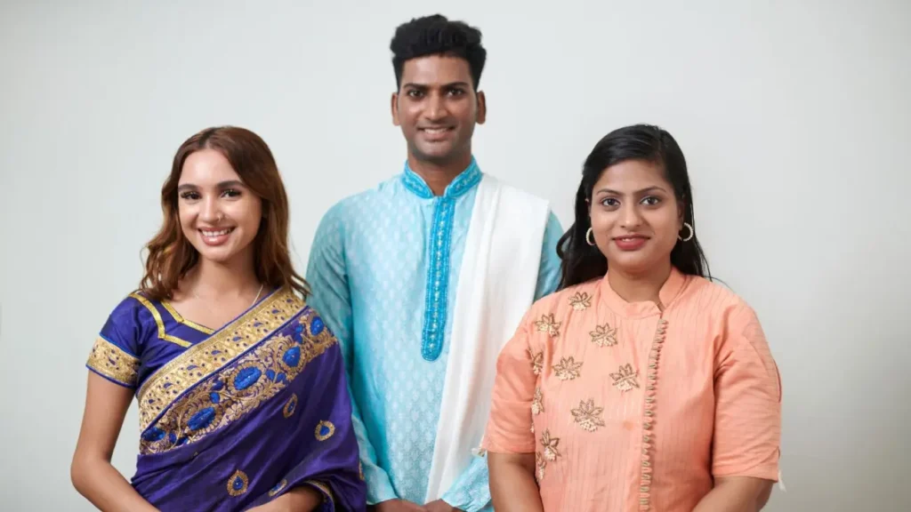 Cultures of India: Exploring the Soul of a Timeless Civilization 9 Three people wearing traditional Indian clothing, including a saree, kurta with dhoti, and embroidered ethnic outfit, showcasing India's diverse cultural heritage and traditional attire.