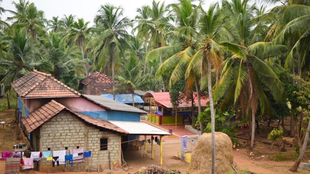 Cultures of India: Exploring the Soul of a Timeless Civilization 15 Traditional Indian village with tiled-roof houses surrounded by coconut palm trees, showcasing rural life, local architecture, and India's cultural heritage.