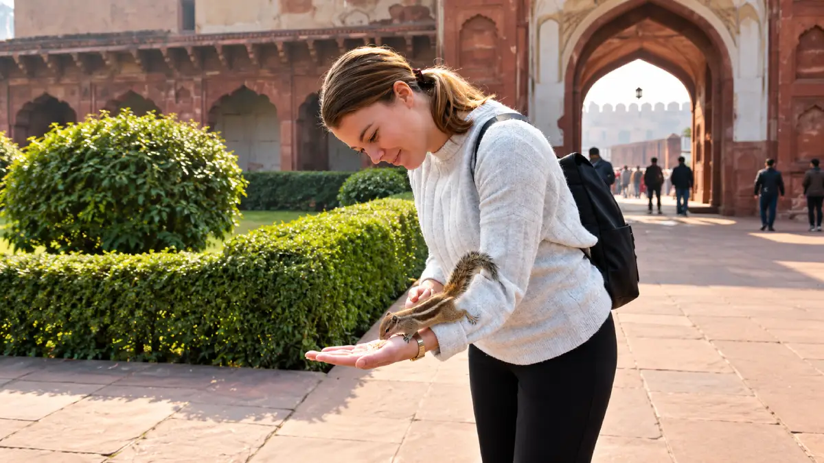 Female tourist holding out her hand to a squirrel at Agra Fort in India.